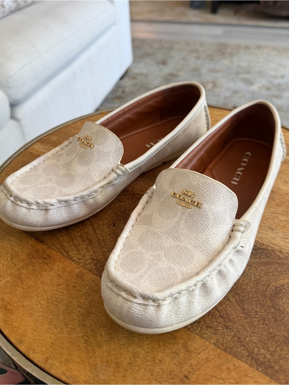 Coach Cream Logo Leather Driving Loafers with Gold Hardware